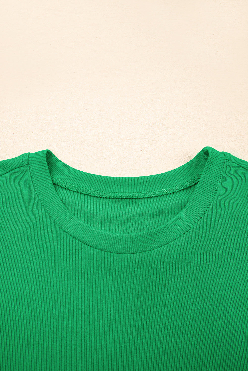 Pearl Beaded Puff Sleeve Ribbed Knit Top in Green and White
