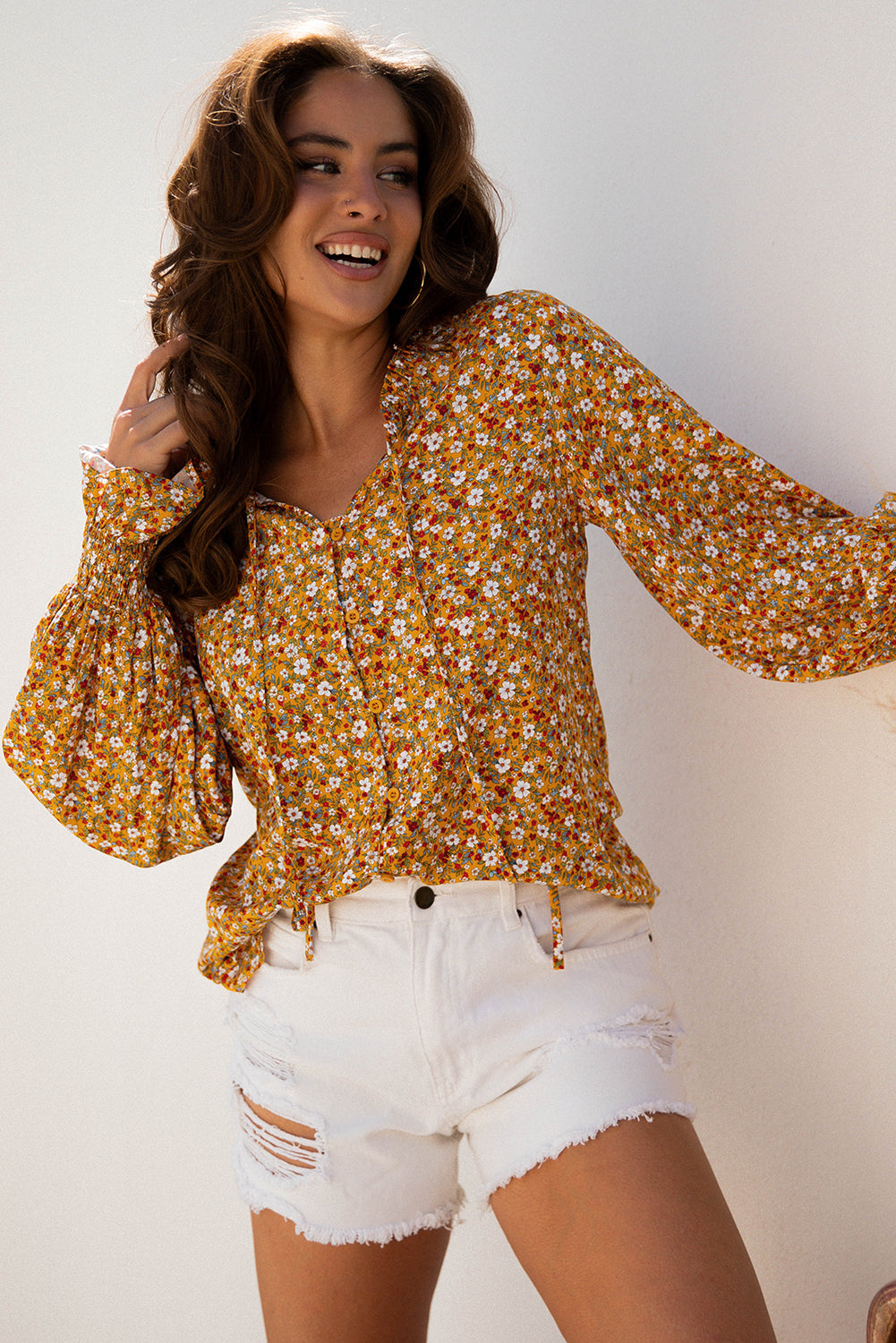 Boho Floral Ruffle Bubble Sleeve V-Neck Blouse