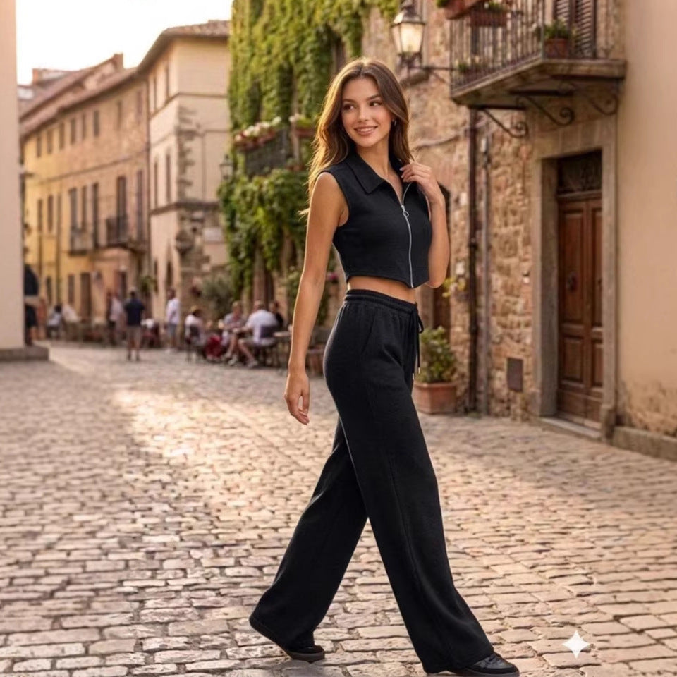 Women's Zip-Up Sleeveless Vest and Wide-Leg Pants Two-Piece Set