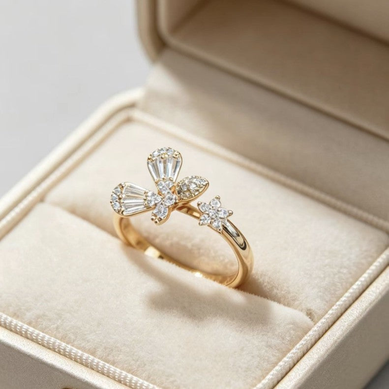 Gold-toned floral and leaf-inspired ring with zircon stone detailing for women.