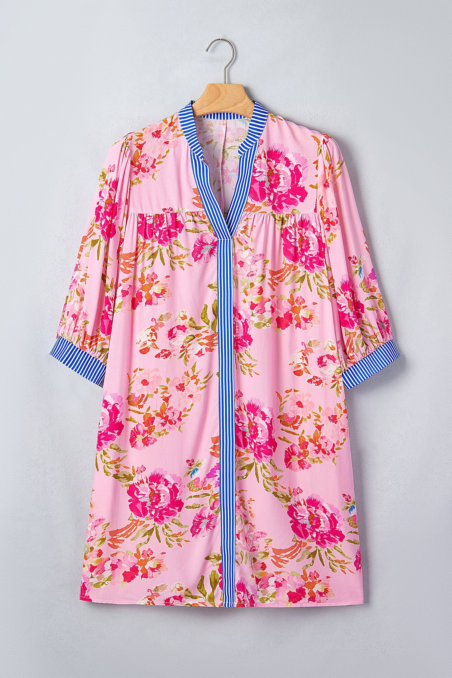 Floral Stripe Patchwork 3/4 Sleeve Mini Dress - Relaxed Fit