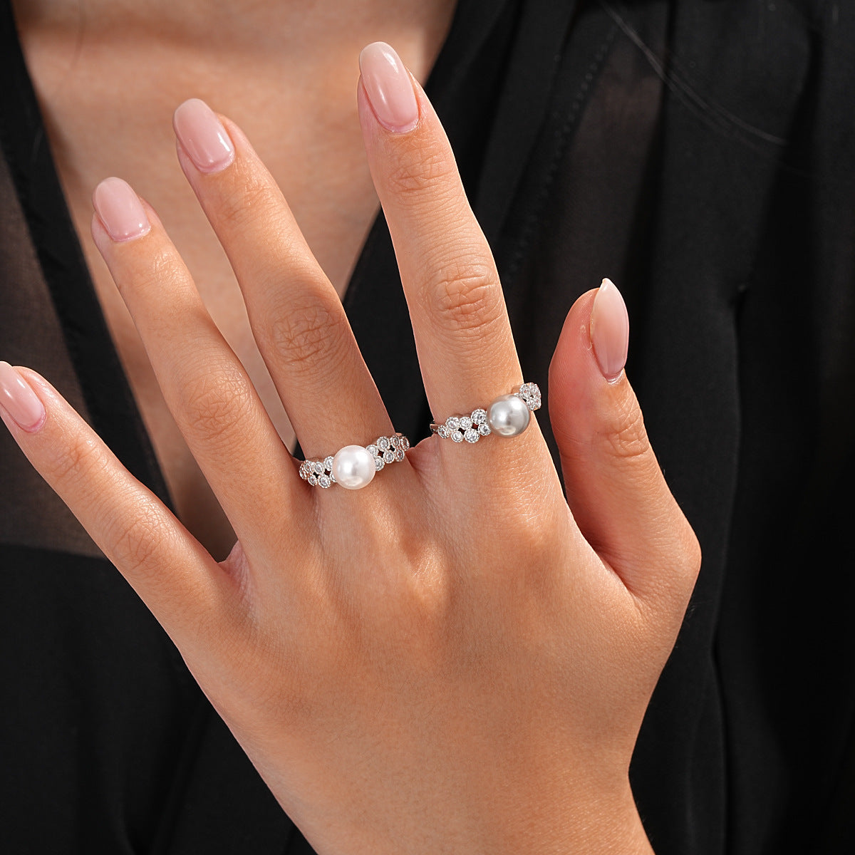 Women Open Adjustable Ring,French Retro Shiny Cubic Zirconia Pearl Inlaid Finger Ring,Niche Delicate Versatile Fashion Index Finger Jewelry