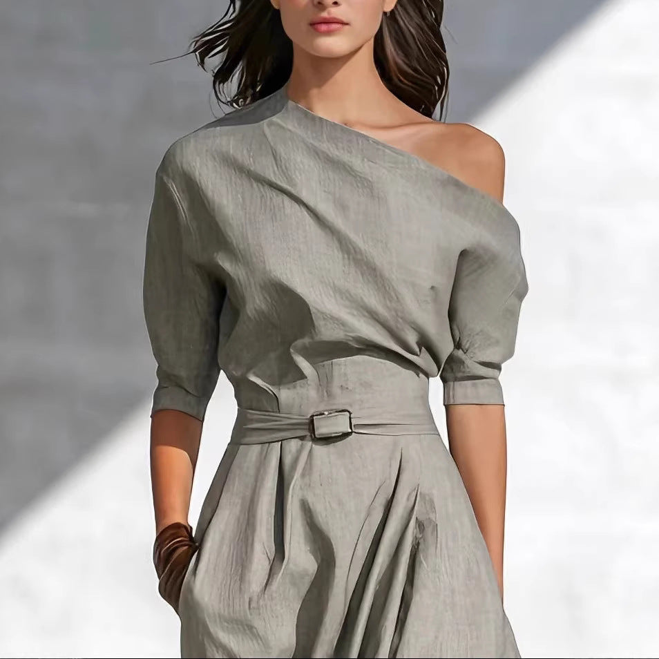 Women One-Shoulder Maxi Dress with Belted Waist and Elbow Sleeves - Image 3