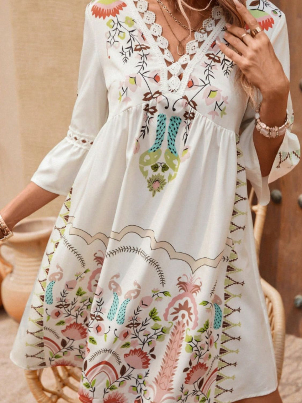 Feminine Lace Detail Printed Midi Dress for Summer