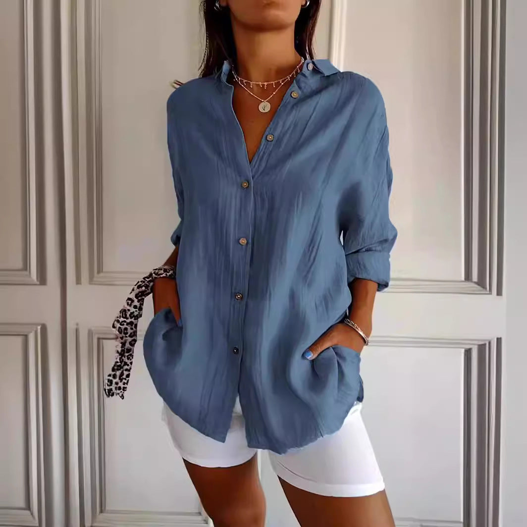 Women's Oversized Lapel Button-Down Shirt with Pleated Back