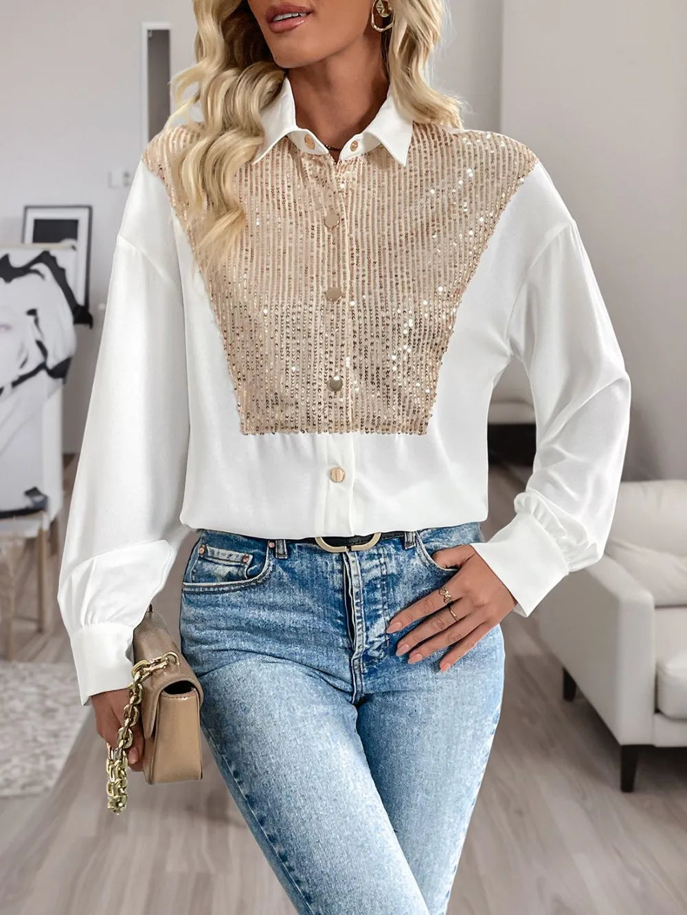 White Long Sleeve Button Down Shirt with Gold Sequin Contrast