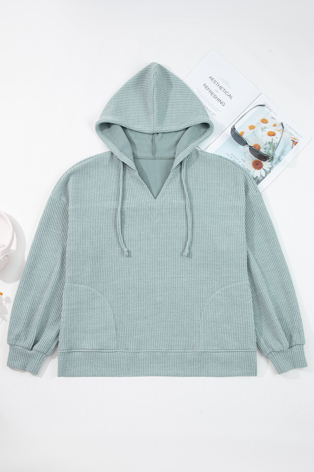 Solid Ribbed Drop Shoulder Hoodie