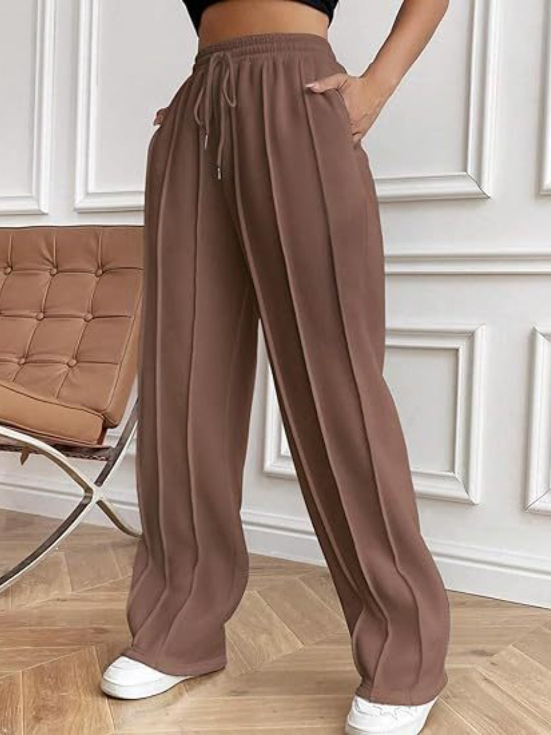 Women's High-Waisted White Drawstring Wide Leg Pants with Pockets - Image 18