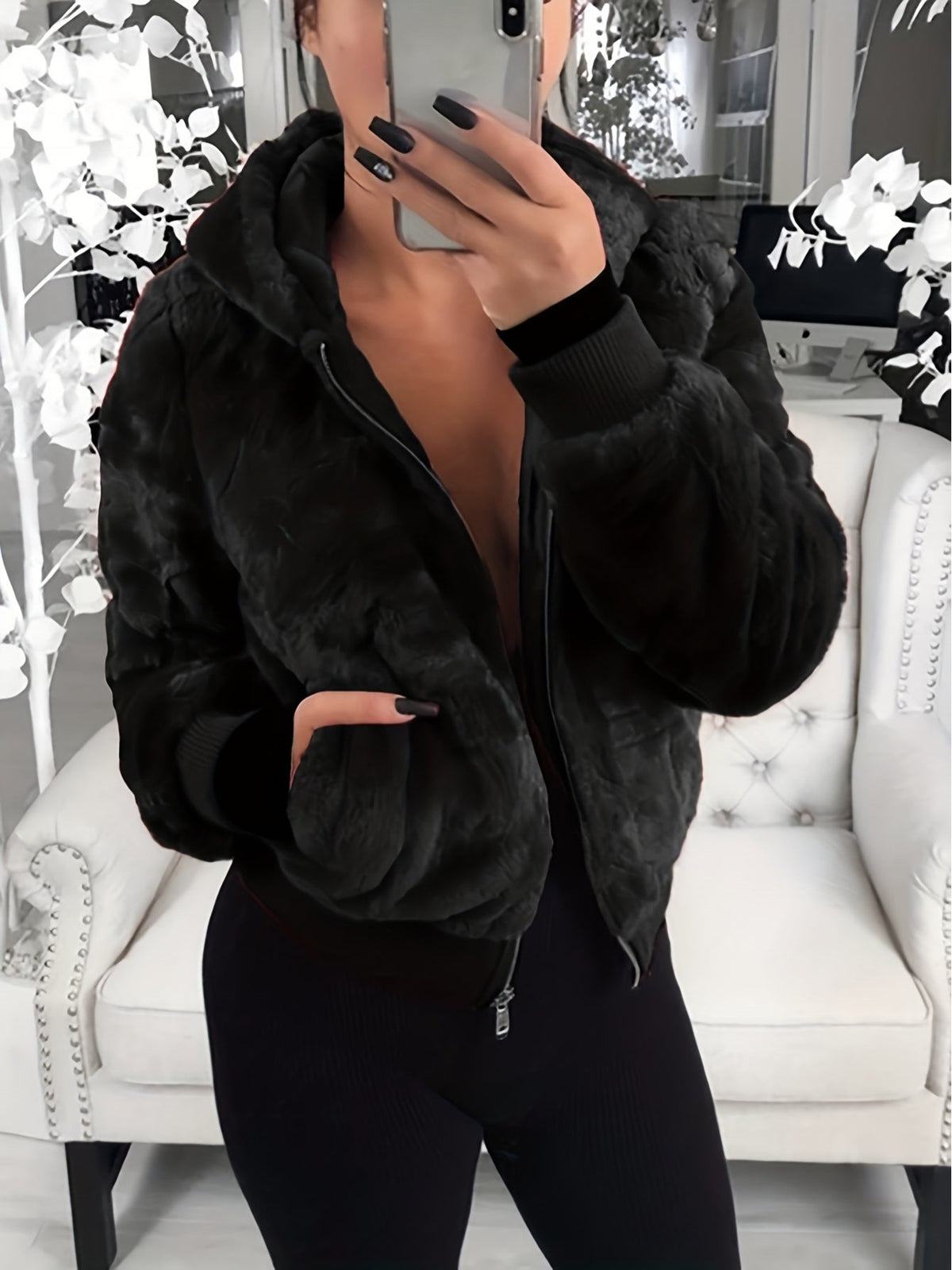 Elegant Hooded Plush Jacket for Autumn Winter Chic