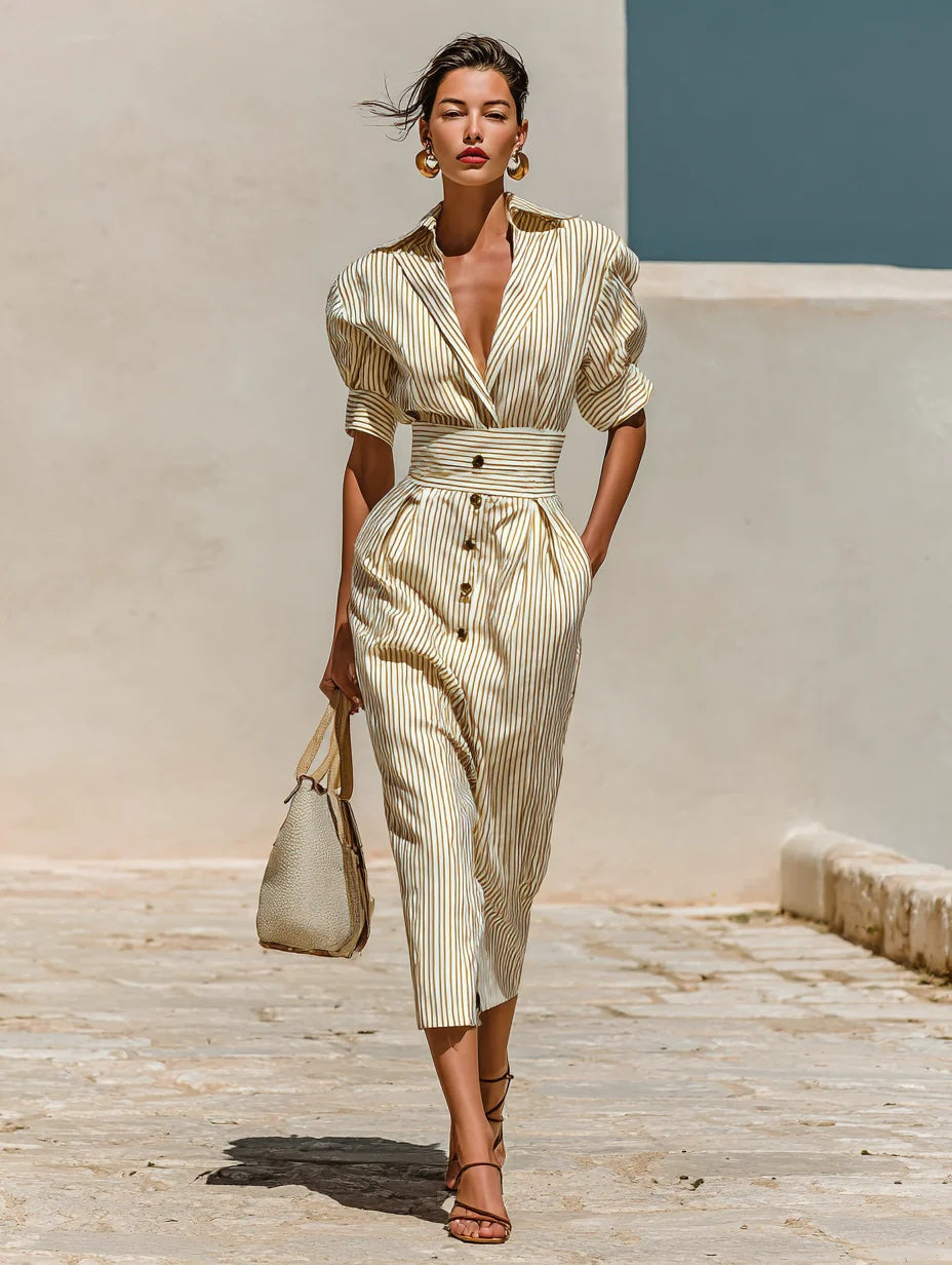 Women Striped Button-Down Midi Dress with High Waist Detail - Image 3
