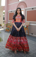 Navy blue floor-length Anarkali dress in Dola silk with Patola foil print
