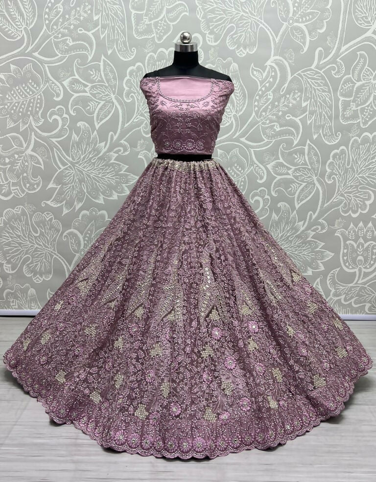 Pyazi Bridal Net Lehenga Choli with Mirror and Diamond Work