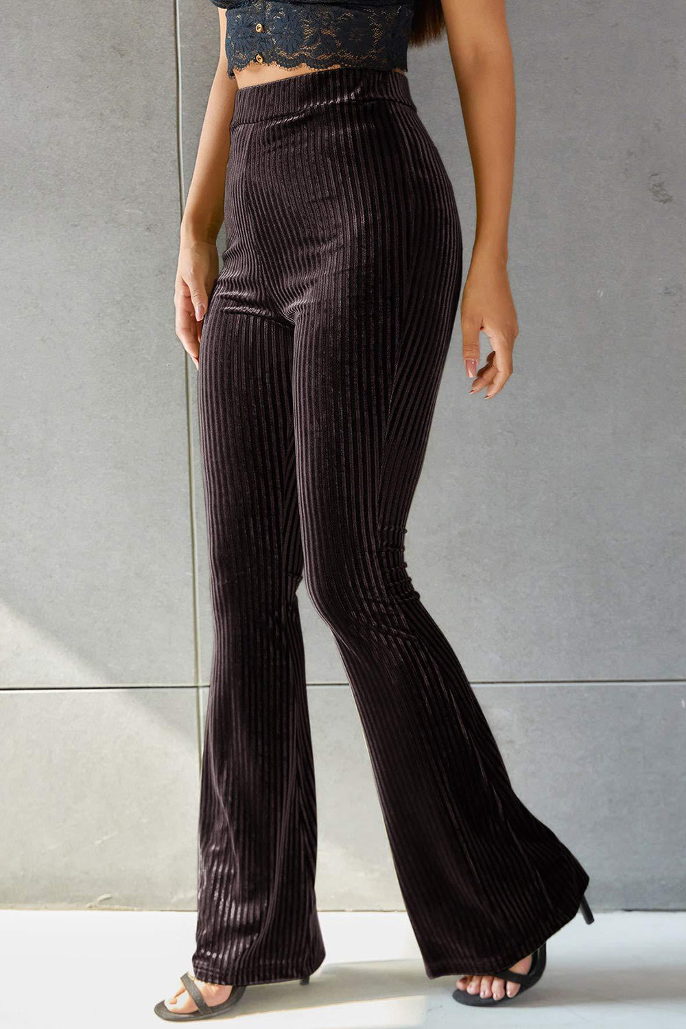 Ribbed High Waist Flare Pants in Grey Velvet