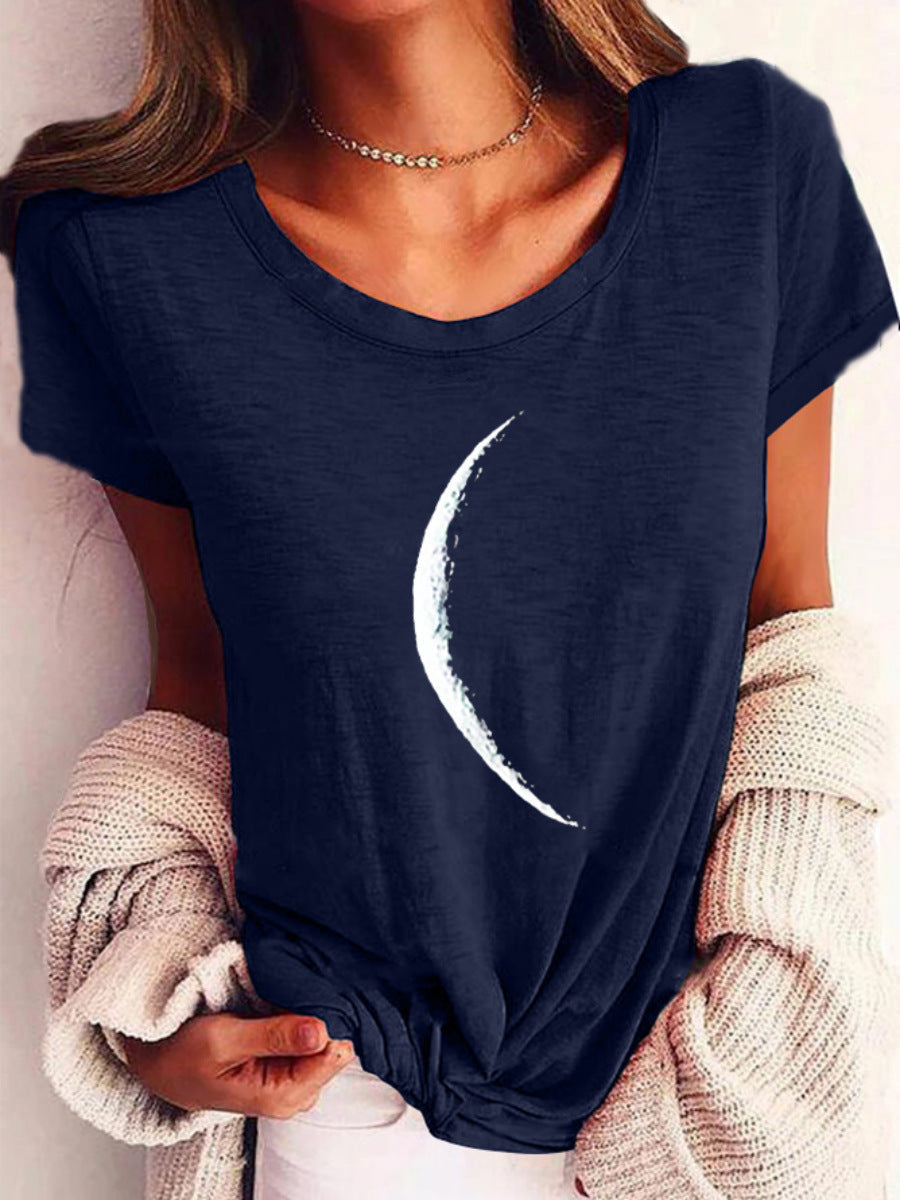 Women Short Sleeve Crescent Moon Print T-Shirt Casual Wide Neck - Image 10