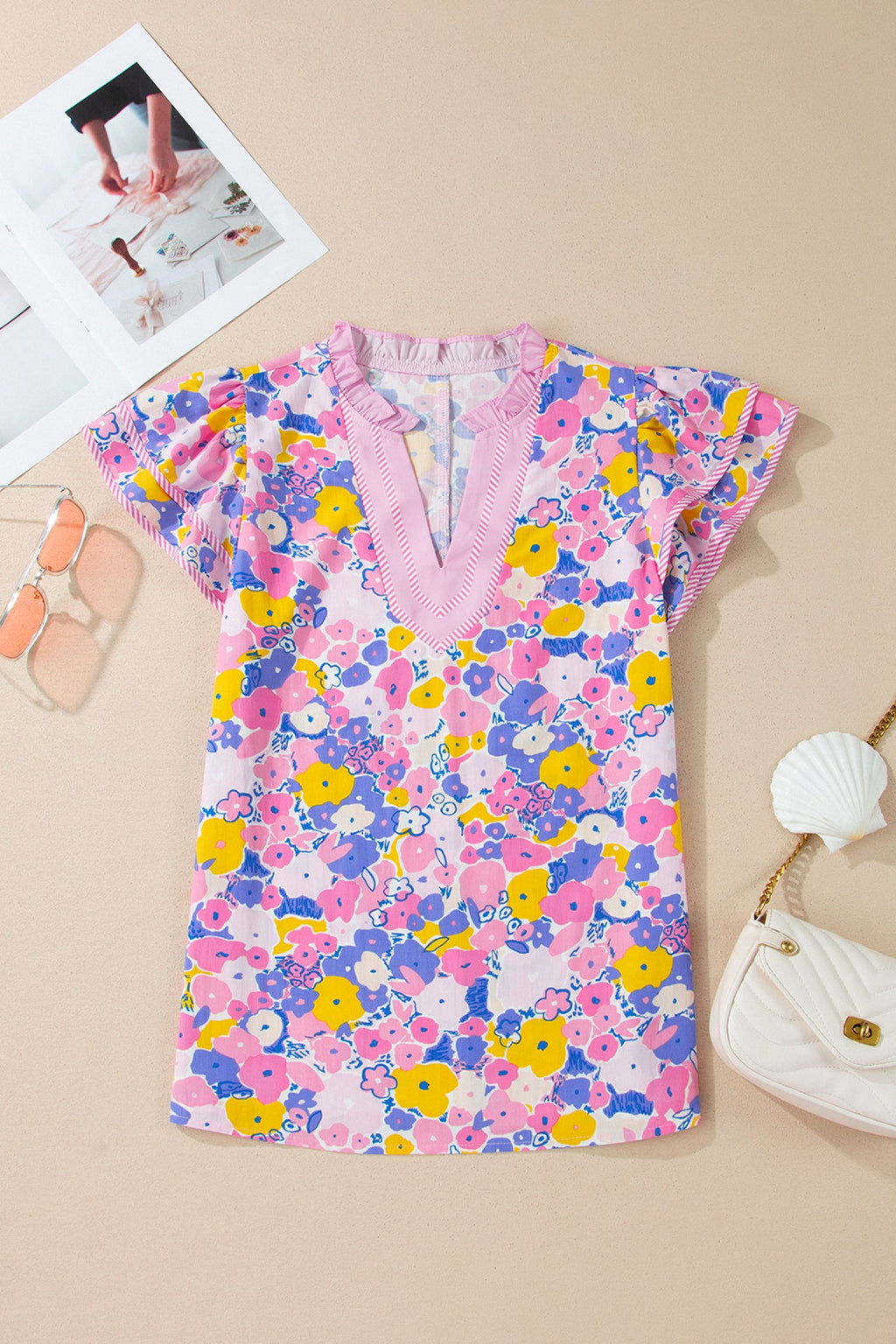 Floral Print V-Neck Flutter Sleeve Blouse in Pink Multi - Image 2