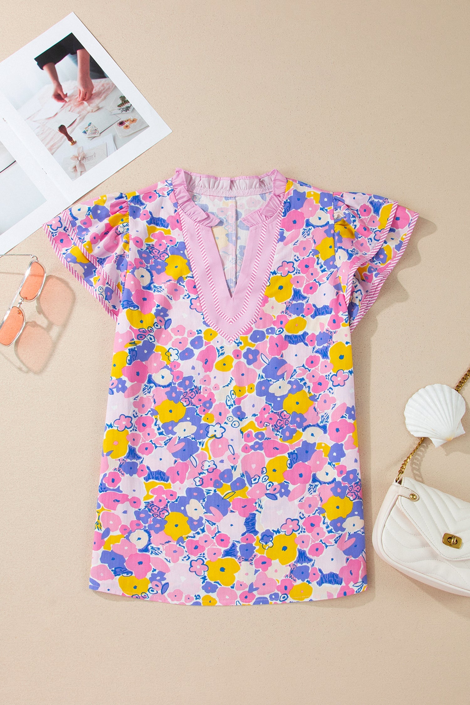 Floral Print V-Neck Flutter Sleeve Blouse in Pink Multi - Image 2
