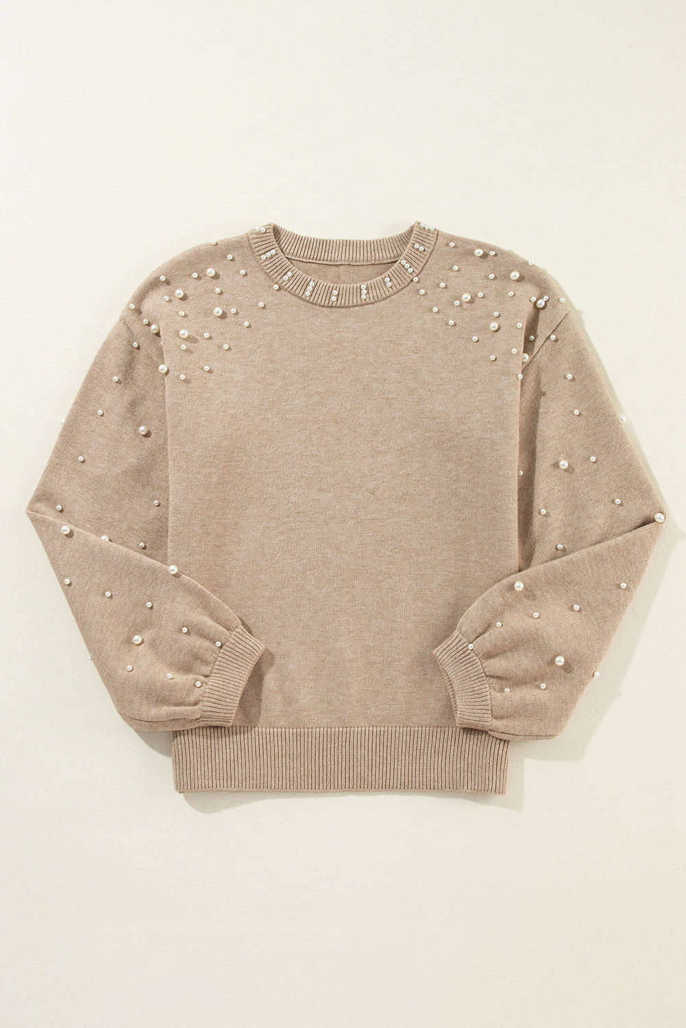 Solid Pearl Drop Shoulder Round Neck Sweater