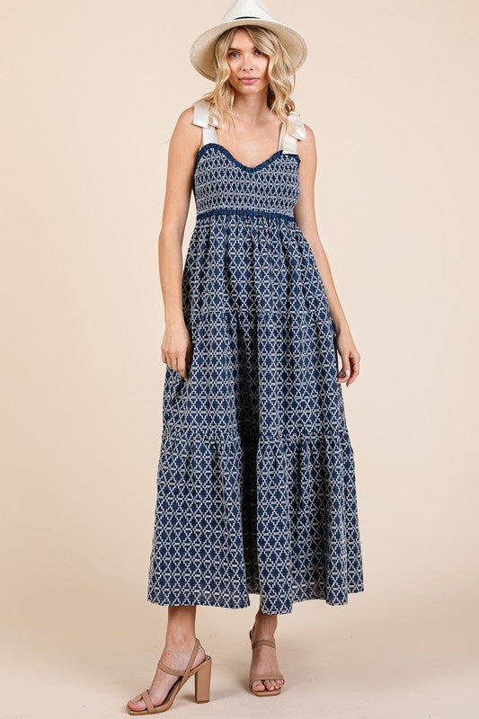 Geometric Embroidered Smocked Tie Shoulder Midi Dress