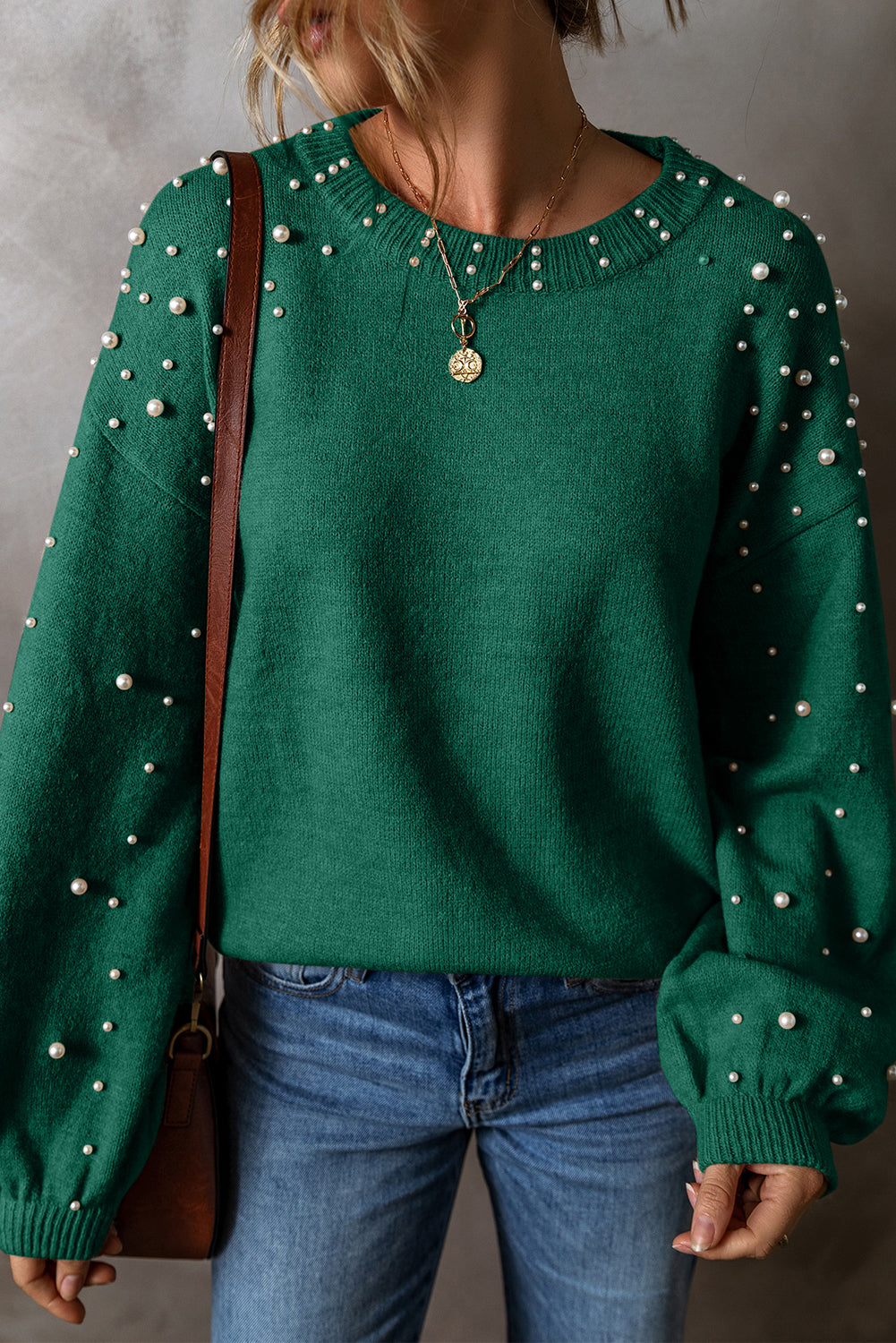 Solid Pearl Drop Shoulder Round Neck Sweater