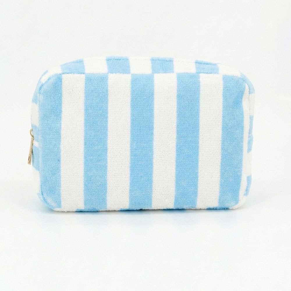 Small blue striped terry cloth cosmetic pouch with a top zipper closure