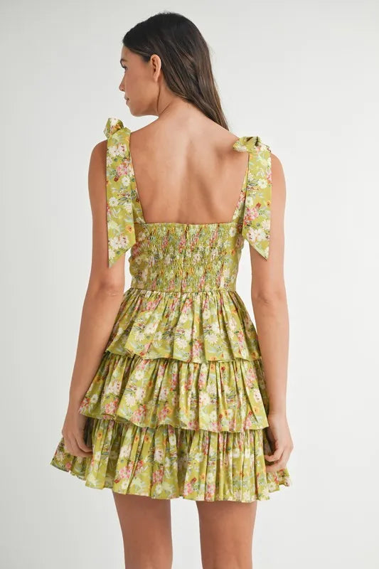 Floral Print Layered Mini Dress with Adjustable Shoulder Ties