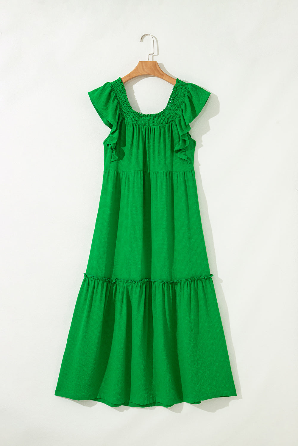 Green Ruffled Flutter Sleeve Square Neck Tiered Maxi Dress