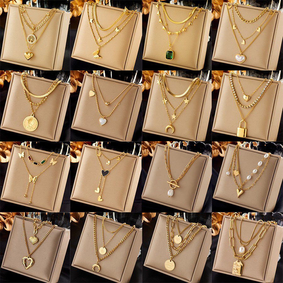 European And American Retro Butterfly Pearl Double-Layered Necklace For Women, Cross-Border Light Luxury Niche Stainless Steel Gold-Plated Jewelry Necklace