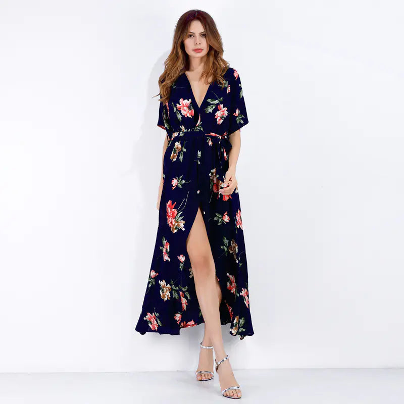 Women's Navy Blue Feather Print V-Neck Summer Maxi Dress - Image 10