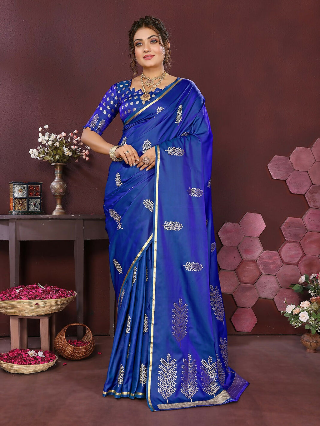 Royal blue Banarasi satin silk saree with detailed floral motifs