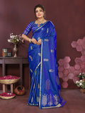 Royal blue Banarasi satin silk saree with detailed floral motifs