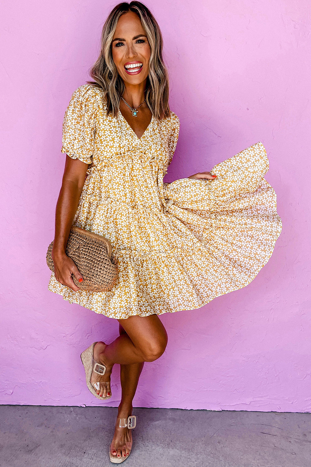 Yellow Floral V Neck Tiered Mini Dress | Short Sleeve
