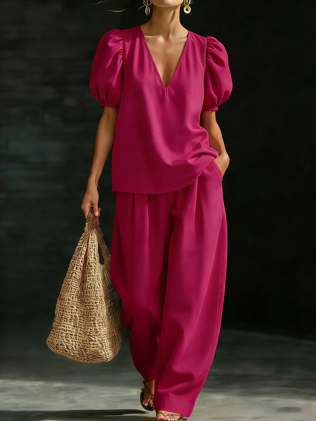 Women's V-Neck Puff Sleeve Top and Wide Leg Trouser Set - Image 6