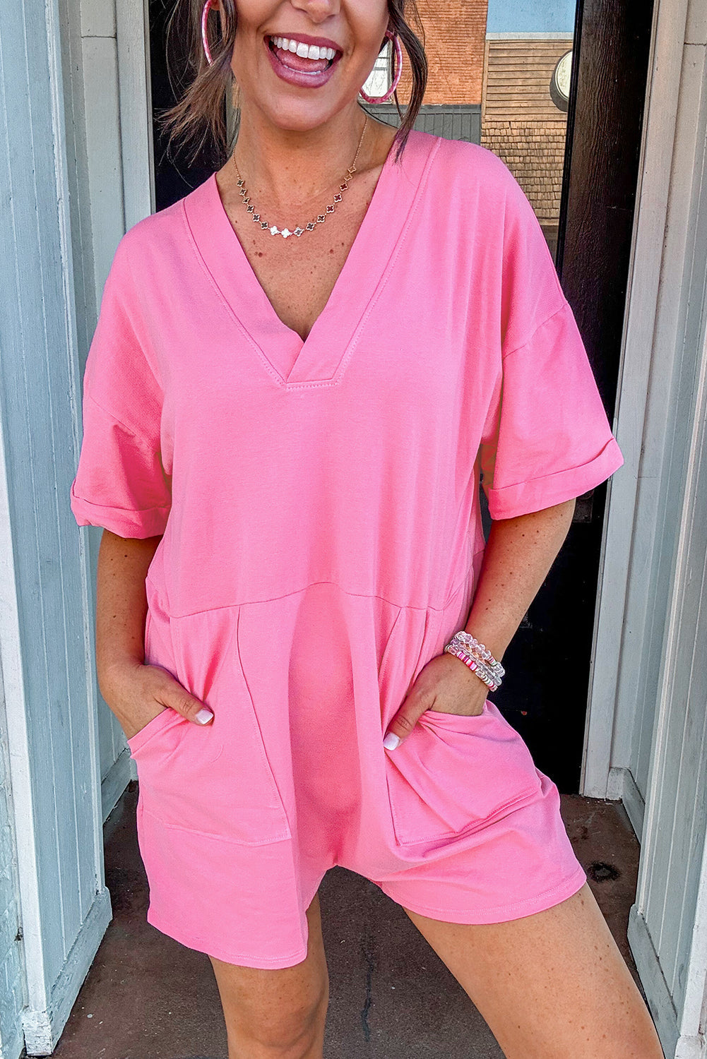 Bonbon Loose V Neck Half Sleeve Pink Mini Romper