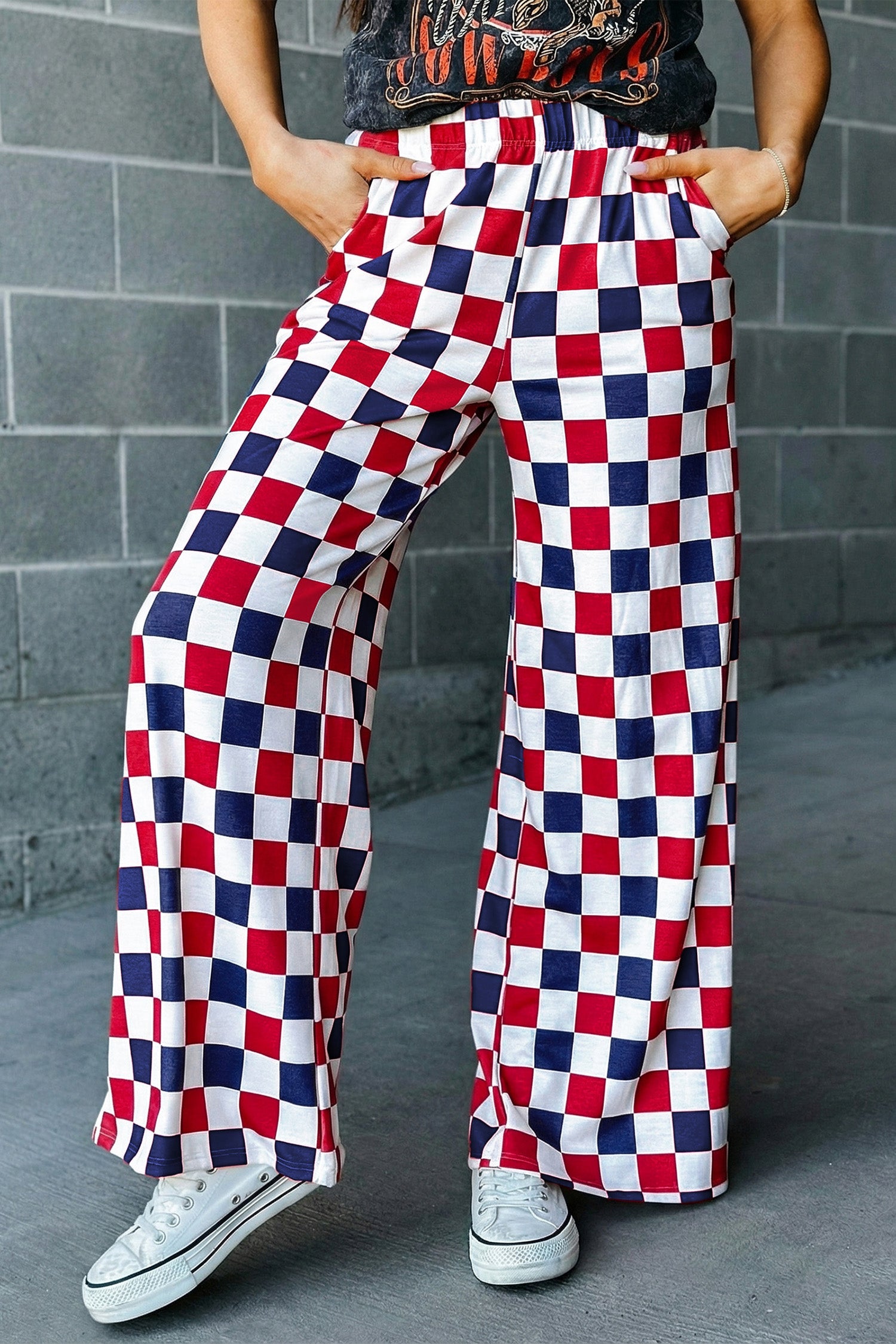 High waist wide leg pants in a bold red 2-tone checked print