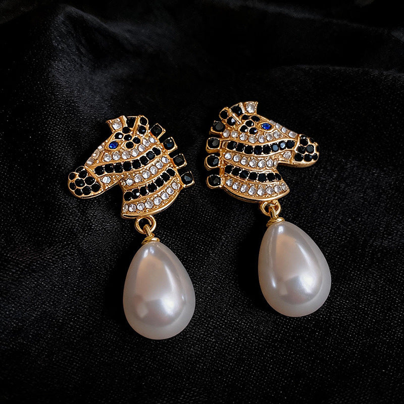 Womens Zebra Shaped Rhinestone And Pearl Inlaid Pendant Stud Earrings,Costume Earrings For Daily Party Wear