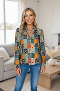 Women's Blue Floral Print Long-Sleeve Button-Up Blouse - Image 4