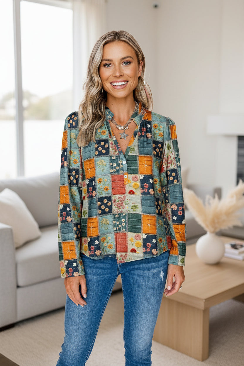 Women's Blue Floral Print Long-Sleeve Button-Up Blouse - Image 4