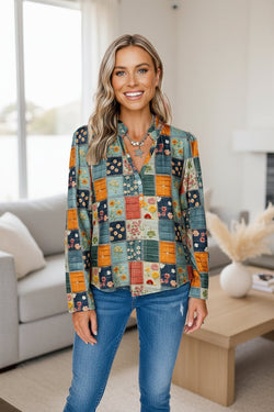 Women's Blue Floral Print Long-Sleeve Button-Up Blouse - Image 4