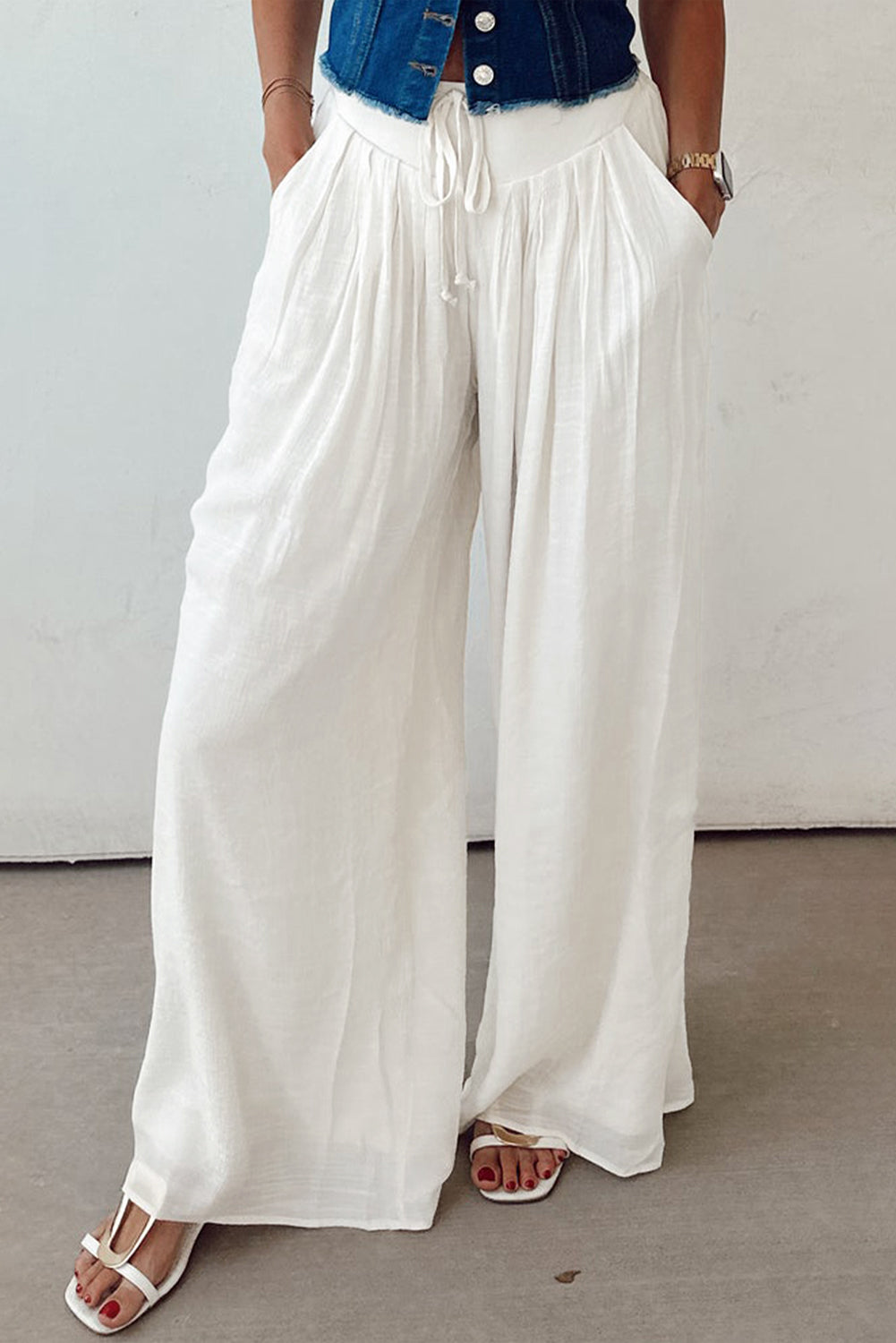 White Pleated Wide Leg Drawstring Pants Casual Flowy Trousers - Image 3