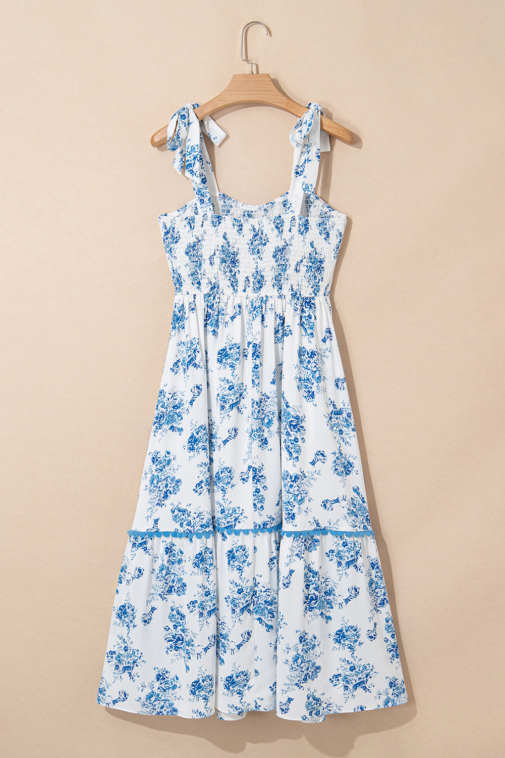 Sky Blue Floral Shirred Knot Shoulder Sleeveless Dress
