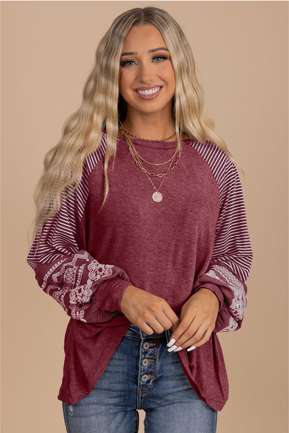 Tillandsia Purple Contrast Print Striped Raglan Long Sleeve Loose Top