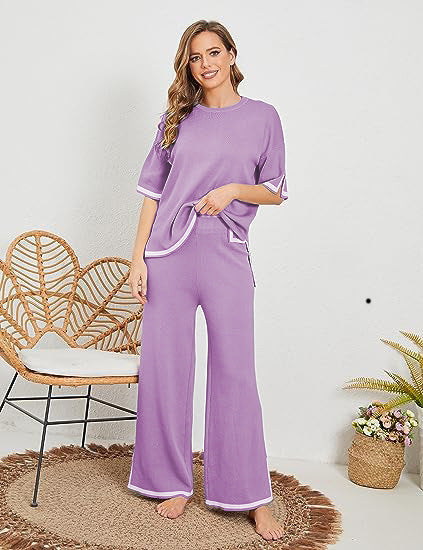 Women's Knit Three-Quarter Sleeve Pullover and Wide Leg Pants Set