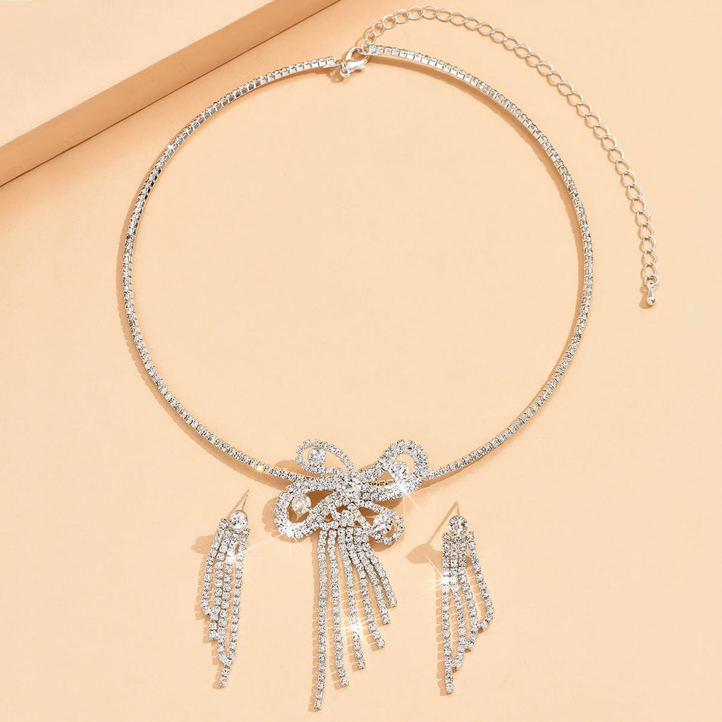 Women Full Paved Bow Tassel 2Pcs CZ Jewelry Set, V Tennis Choker Matching Long Fringe Drop Earrings Gold Rhodium Two Tone Plated For Wedding Pageant Evening Valentine Gift