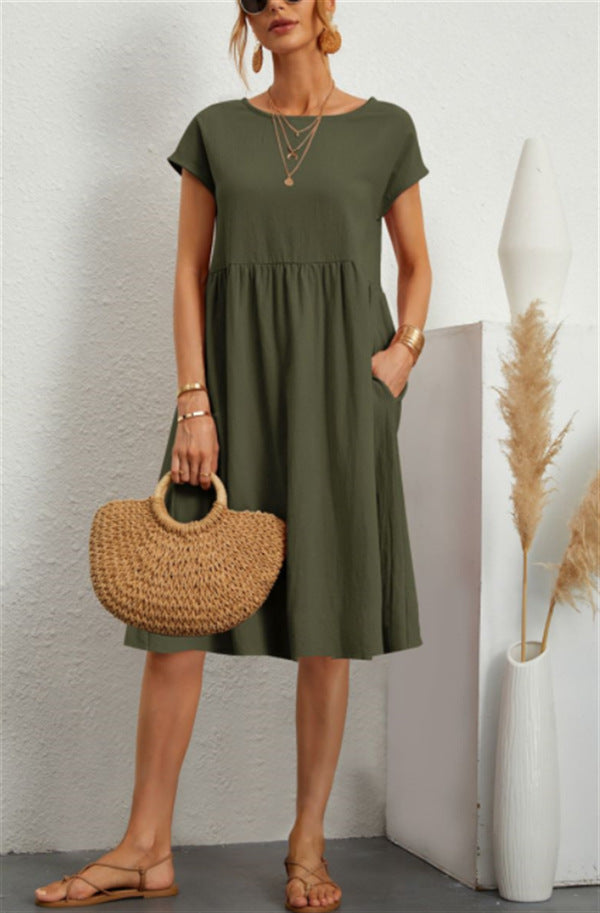 Cotton Blend Round Neck A-Line Skirt Dress
