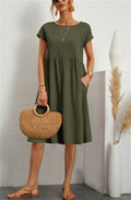 Cotton Blend Round Neck A-Line Skirt Dress