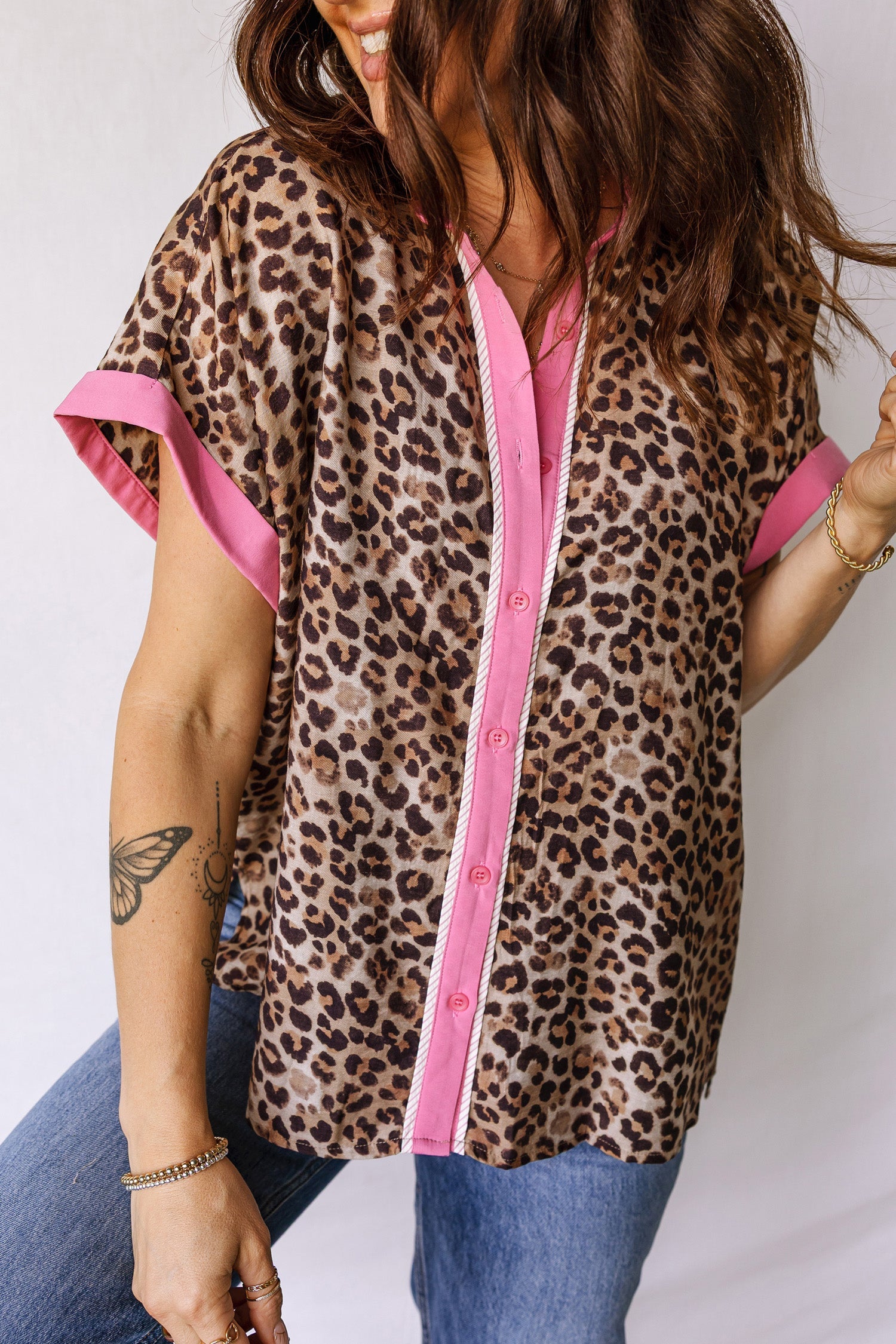 Leopard Contrast-Trim Short Sleeve Shirt