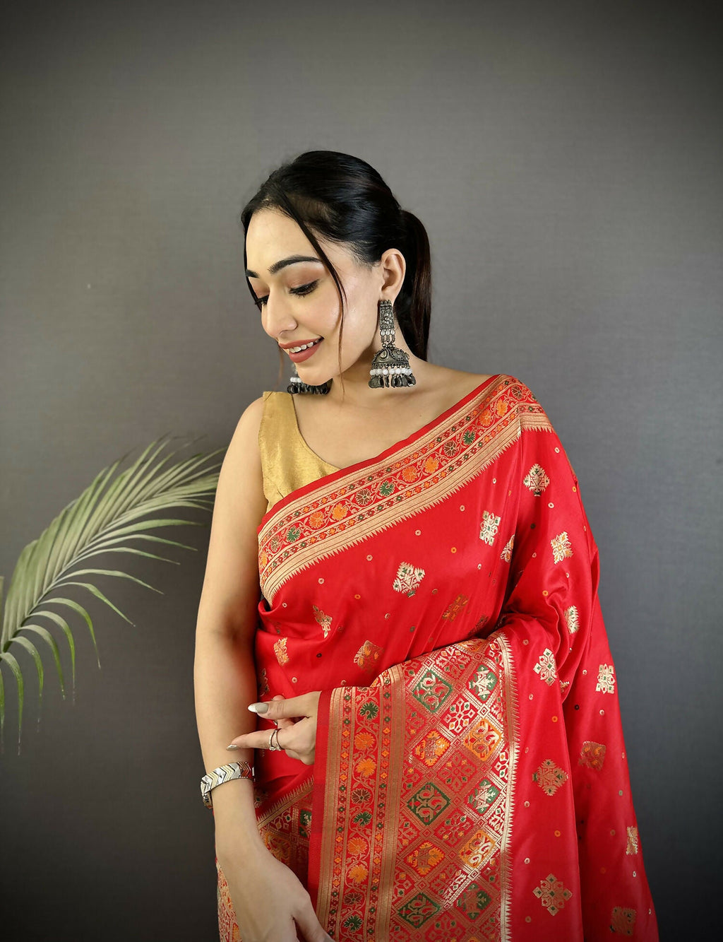 Carmine Red Geometric Pattern Soft Silk Patola Saree