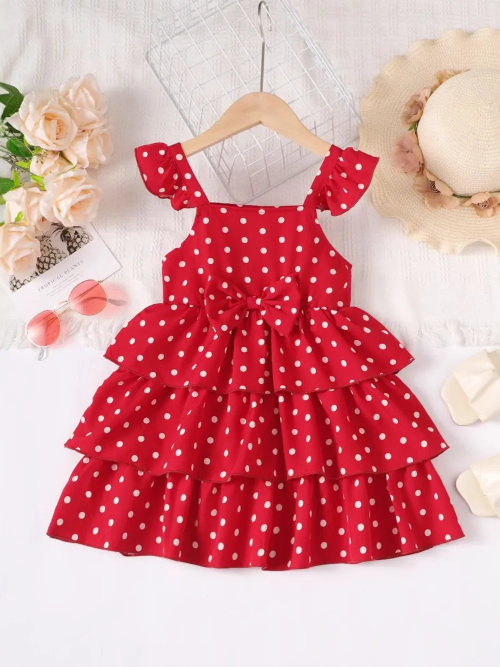 Bow Polka Dot Square Neck Layered Dress