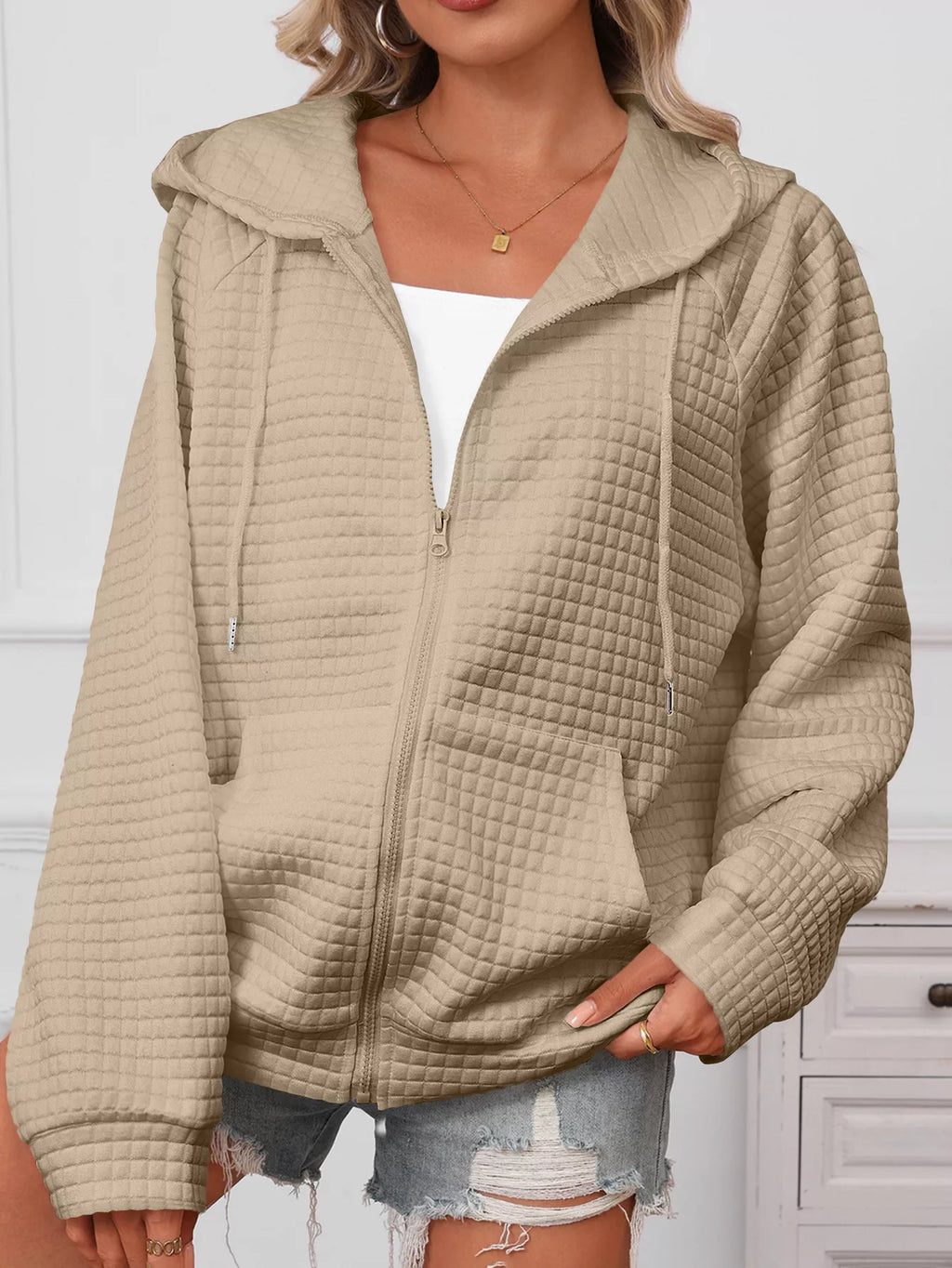 Full Size Textured Quilted Zip-Up Hooded Jacket Plus Size