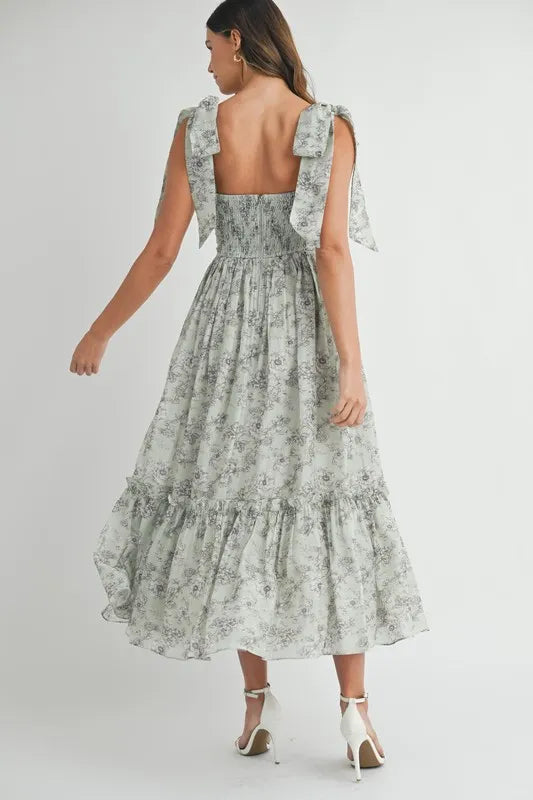 Floral Bust Ruched Midi Dress with Shoulder Tie